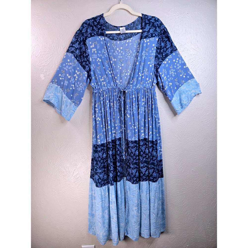 Floral Paisley Kimono Cardigan XL Blue Patchwork Tiered Duster Boho Cottagecore